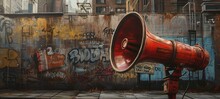 Photorealistic Urban Scene With A Vintage Red Megaphone And Graffiti-laden Wall, Capturing The Essence Of Street Art And Urban Storytelling.