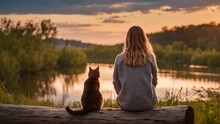 Calm Sunset Background - Cute Girl Sitting On A Log With A Cat, Back View