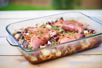 Wall Mural - fresh out of the oven coq au vin in a glass casserole dish