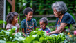 © ALLAI - Grandmother teaching her grandchildren  gardening at their backyard