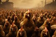 Large Group of Hungry Chickens Waiting to be Fed in a Farmyard