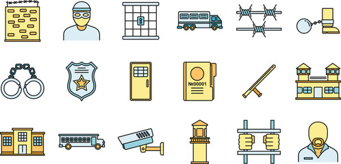 Poster - Prison human icons set. Outline set of prison human vector icons thin line color flat on white