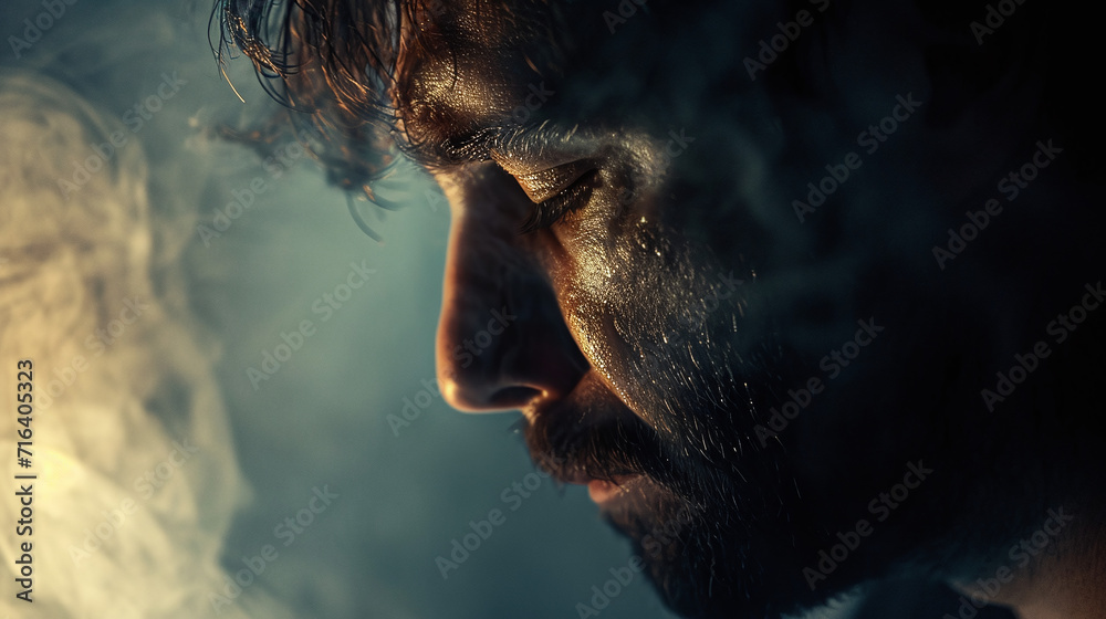 Tears Reflection Produce an artistic self-portrait featuring a man engaged in profound ...