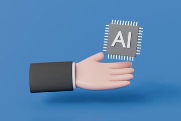 Poster - 3d Hand holding AI Chip icon. Generative AI concept, Technology and engineering concept, Artificial intelligence or neural network concept. Minimal Cartoon design isolated background. 3D Rendering.