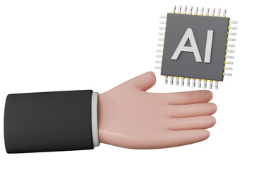 Poster - 3d Hand holding AI Chip icon. Generative AI concept, Technology and engineering concept, Artificial intelligence or neural network concept. Minimal Cartoon design isolated background. 3D Rendering.
