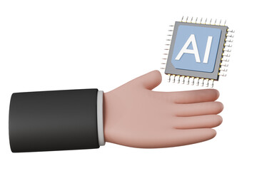 Poster - 3d Hand holding AI Chip icon. Generative AI concept, Technology and engineering concept, Artificial intelligence or neural network concept. Minimal Cartoon design isolated background. 3D Rendering.