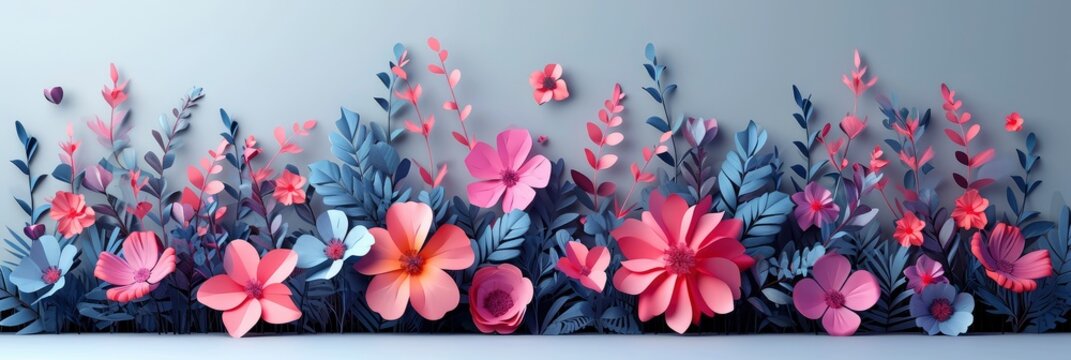 Flowers Paper Decorations On Gray Background, Banner Image For Website, Background, Desktop Wallpaper