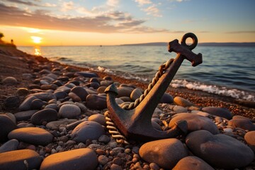 Wall Mural - Beautiful Wooden Anchor on a Sandy Shoreline, with a Natural Background of the Water and Sky 