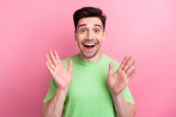 Sticker - Photo of young guy unbelievable emotions reaction raised palms up when seeing desirable surprise isolated on pink color background