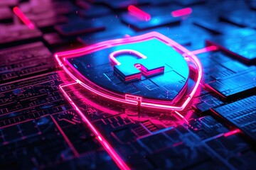 Poster - A computer shield in blue and pink colors with a padlock on top. Can be used to represent online security and protection