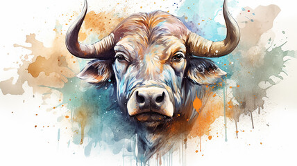 Wall Mural - bull, watercolor portrait of a buffalo, spots of liquid paint isolated on a white background