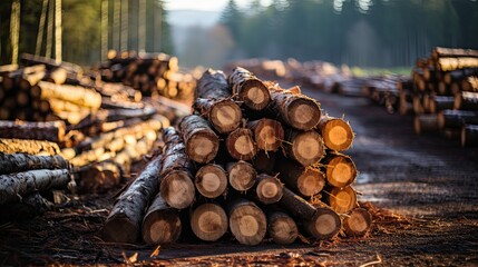 Lumber in the forest, cut wooden logs in the stack. Logging, harvesting wood for fuel and firewood. Sawn trees from the forest. Logging timber industry. Cut trees prepared for removal. Generative AI