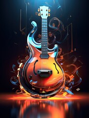 Poster - Colorful retro abstraction of musical instruments, modern and abstract multicolor music background with fluid structure, violin and guitar, generative ai