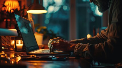 Poster - A man sitting at a desk using a laptop computer. Perfect for illustrating work, technology, and remote working concepts