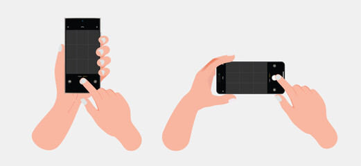 Poster - Pressing camera button and taking a photo with a smartphone. Finger touch screen taking photo with smart phone. Person taking a photograph and recording video with a mobile phone camera. Vector.