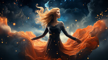 The Sorceress Of The Night In The Image Of A Girl Flies Against The Background Of The Starry Night Sky, A Fabulous Illustration