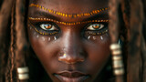Beautiful african tribe woman, tribal markings, very detailed eye and iris, rasta hair, she is looking straight into the camera black background