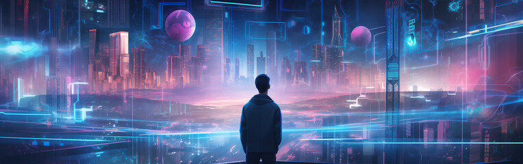 Wall Mural - Future scenario, Futuristic landscape, Panorama, Science fiction scene, Sci-fi setting, scenery, Background. INSIDE THE HOLOGRAFIC TOWN. Illustration of a futuristic town in a futuristic world.