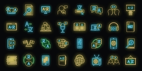 Poster - foreign translator icons set. outline set of foreign translator plan vector icons neon color on blac
