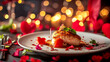 Food in Valentin's day. Dinner of love . Amazing lighting with red heart shape decorations.