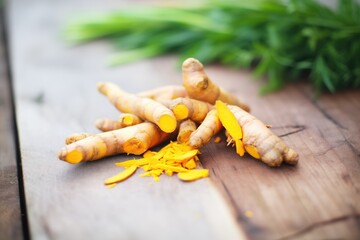 Wall Mural - fresh turmeric roots on wooden surface