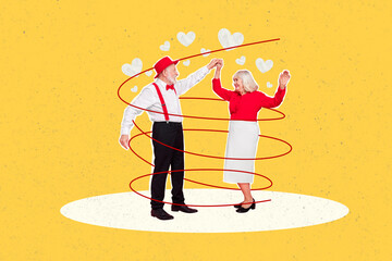 Sticker - Horizontal creative photo collage of feel young old people dance much years together doodle love festive clothes on yellow background