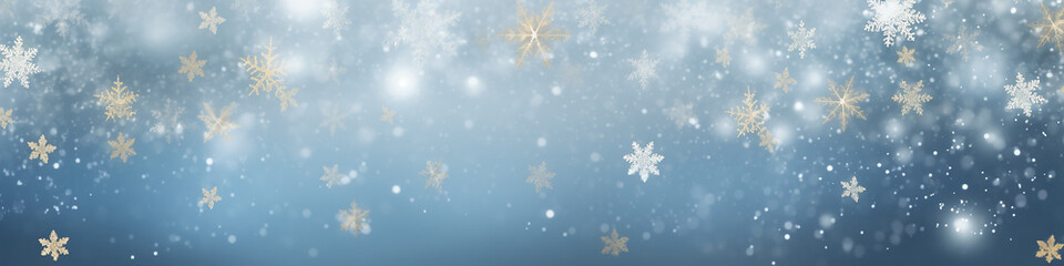 light blue winter background with blurred white snowflakes, long narrow panoramic view, watercolor Christmas greeting form