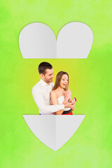 Poster - Vertical photo collage of cute young couple man make proposal give ring to his excited girlfriend family happiness on green background