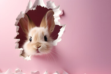 Wall Mural - A curious Easter bunny looks out from a hole in a pink wall. congratulatory banner. pink background and space for text