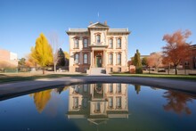 Reflective Pond In Front Of Italianate Building With Belvedere