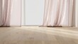 Low angle, close up of parquet floor of empty room with blowing pink curtain with retro circle pattern in sunlight from white frame glass door