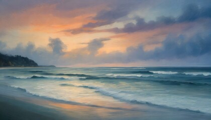 Wall Mural - sunset over the sea.an atmospheric and dreamy painting of Twilight Bliss, emphasizing the calming hues of twilight as they wash over a serene seascape.