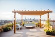 rooftop terrace with asymmetrical pergola and panoramic city view