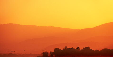 silhouette of mountain ridge against sunset sky. the hula valley in northern israel at sunset. artis