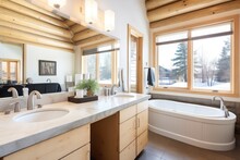Spacious Log Cabin Bathroom With Wallsized Windows And Nature Views