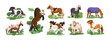 Cute ponies set. Foals, small miniature horses breeds. Mini equine baby animals running, walking, grazing, standing, frolicking in nature. Flat vector illustrations isolated on white background