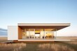 modern cubic house with vast eaves on a prairie plain