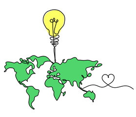 Wall Mural - Color Map of planet Earth and light bulb with heart as line drawing on white