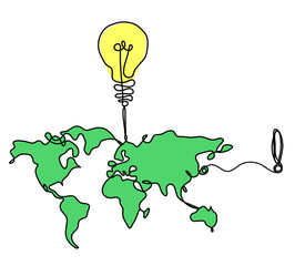 Wall Mural - Color Map of planet Earth and light bulb with exclamation mark as line drawing on white