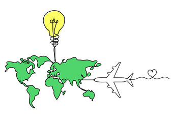 Wall Mural - Color Map of planet Earth and light bulb with plane as line drawing on white