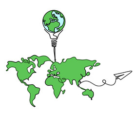 Wall Mural - Color Map of planet Earth and light bulb with paper plane as line drawing on white