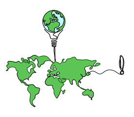 Wall Mural - Color Map of planet Earth and light bulb with exclamation mark as line drawing on white