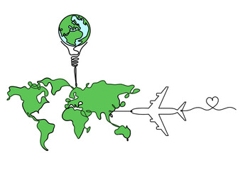 Wall Mural - Color Map of planet Earth and light bulb with plane as line drawing on white