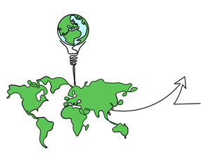Wall Mural - Color Map of planet Earth and light bulb with direction as line drawing on white