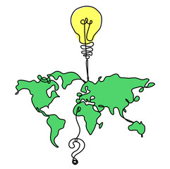 Wall Mural - Color Map of planet Earth and light bulb with question mark as line drawing on white