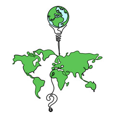 Wall Mural - Color Map of planet Earth and light bulb with question mark as line drawing on white