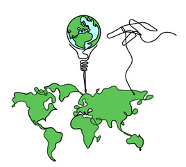 Wall Mural - Color Map of planet Earth and light bulb with hand as line drawing on white