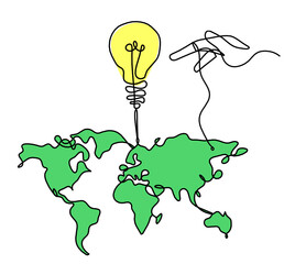 Wall Mural - Color Map of planet Earth and light bulb with hand as line drawing on white