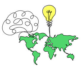 Wall Mural - Color Map of planet Earth and light bulb with brain as line drawing on white