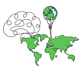 Wall Mural - Color Map of planet Earth and light bulb with brain as line drawing on white